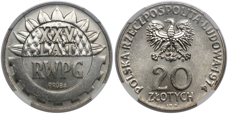 Próba NIKIEL 20 złotych 1974 RWPG - tło z 'ziarnem' Reference: Parchimowicz P 30...