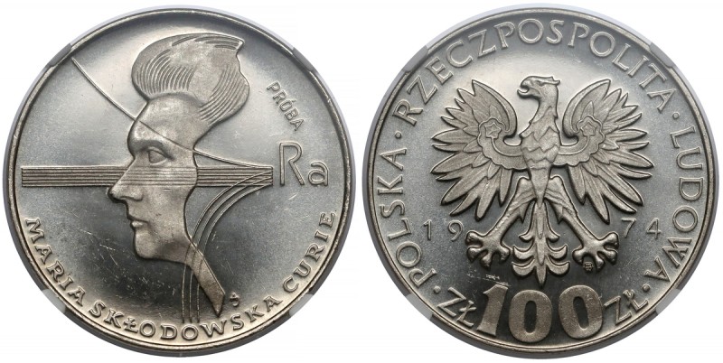 Próba NIKIEL 100 złotych 1974 Skłodowska-Curie - w lewo Nakład 500 sztuk (NBP), ...