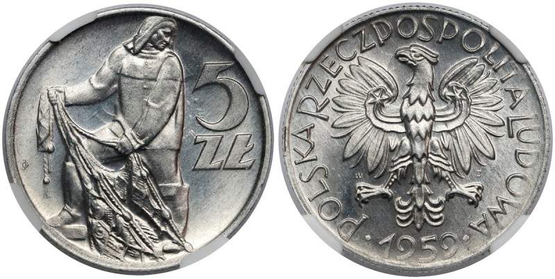 5 złotych 1959 Rybak - SŁONECZKO obustronne Menniczy egzemplarz z wyraźnym, obus...