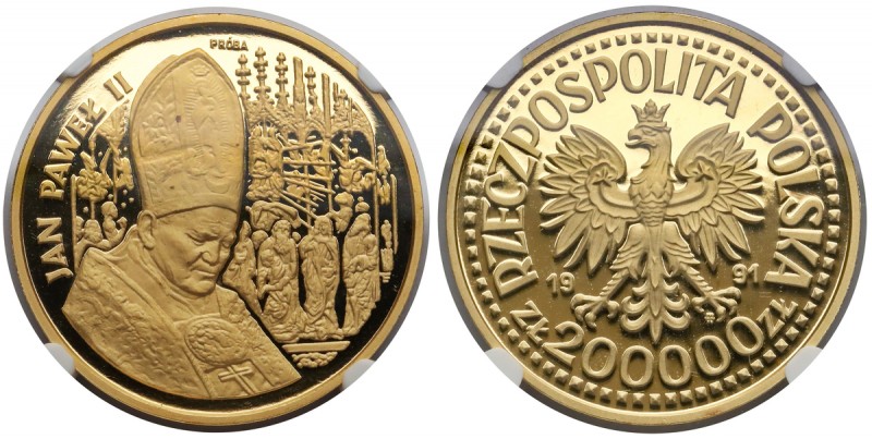 Próba ZŁOTO 200.000 złotych 1991 Jan Paweł II - Ołtarz Au.999, waga 31.1 g, śred...