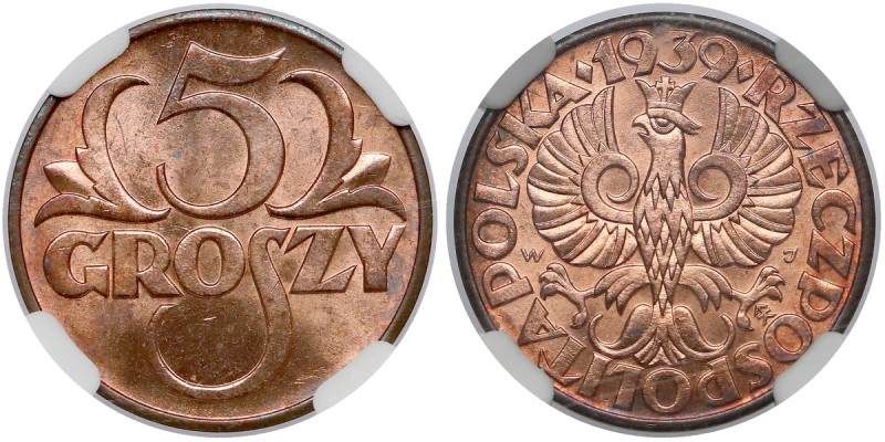 5 groszy 1939 Reference: Chałupski 2.7.10.a, Parchimowicz 103.k
Grade: NGC MS65...