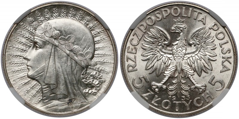 Głowa Kobiety 5 złotych 1933 Piękna, mennicza sztuka. 
Reference: Chałupski 2.2...