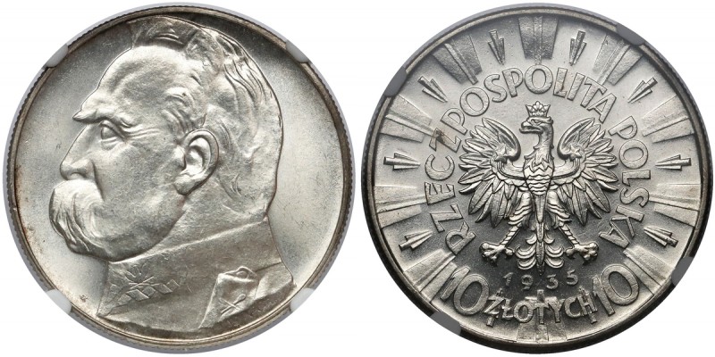 Piłsudski 10 złotych 1935 - PIĘKNY Wyjątkowej intensywności lustro awersu, wskaz...