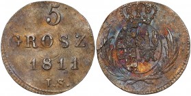 Księstwo Warszawskie, 5 groszy 1811 I.S. - duża data i inicjały Pierwszy rocznik warszawskich pięciogroszówek. Charakterystyczna dla tych monet przebi...