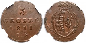 Księstwo Warszawskie, 3 grosze 1811 IS - bardzo ładne Jak na miedzianą monetę Księstwa Warszawskiego, to pięknie zachowany egzemplarz. Lekka, mennicza...