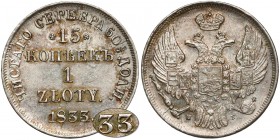 15 kopiejek = 1 złoty 1833 ПГ, Petersburg - ŁADNE Ładny egzemplarz będący dodatkowo przebitką z 1832 roku. Wyraźnie zachowany świeży połysk menniczy. ...