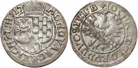 Śląsk, Jan Chrystian i Jerzy Rudolf, 3 krajcary 1617, Złoty Stok Moneta z pięknym połyskiem, praktycznie nieobiegowa, jedynie z menniczą wadą blachy n...