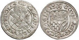 Śląsk, Karol II, 3 krajcary 1615 HT, Oleśnica Bardzo ładna moneta, z połyskiem tła. Odmiana z tarczą bez wcięcia i legendą zakończoną CAP.V.SL. 
Refe...