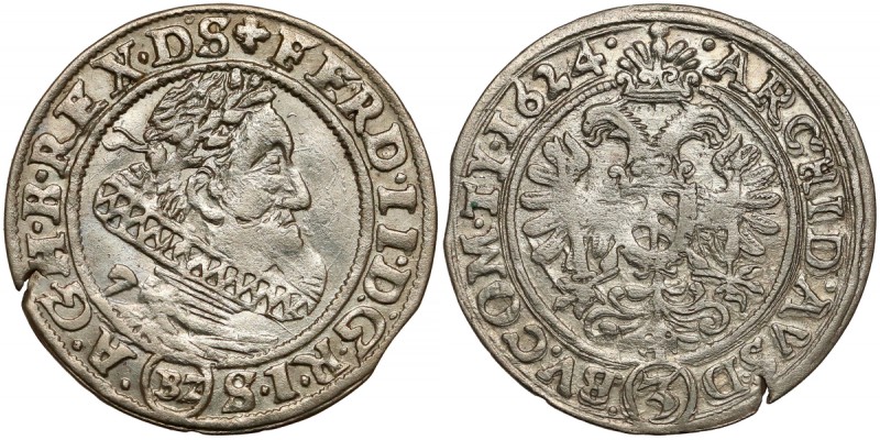 Śląsk, Ferdynand II, 3 krajcary 1624 BZ, Wrocław - korona na tarczy Odmiana z in...