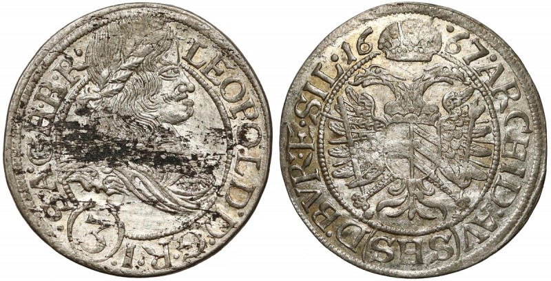 Śląsk, Leopold I, 3 krajcary 1667 SHS, Wrocław - bez szarf Odmiana legendowa D.G...