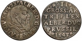 Prusy, Albert Hohenzollern, Trojak Królewiec 1543 Rzadszy rocznik.

Reference: Kopicki 3808; Iger Pr.43.1.a (R)
Grade: F+ 

COINS RELATED TO POLA...