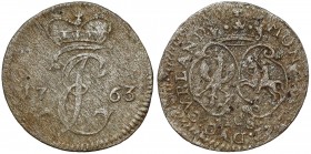 Kurlandia, Ernest Jan Biron, Grosz Mitawa 1763 - monogram Charakterystyczna emisja w niskopróbnym srebrze, która przetrwała do naszych czasów w słabyc...