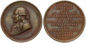 Głogów / Legnica, Medal prezydent Karol Ludwig von Cocceji 1802 Medal wybity na 50-lecie prezydentury. 
 Brąz, średnica 36,3 mm, waga 24,84 g. 
Grad...