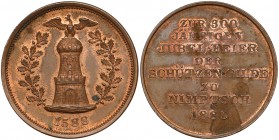 Niemcza (Nimptsch), Medal 300-lecie Schützen-Gilde 1588-1888 Bardzo ładny medal z końca XIX wieku. 
 Miedź, średnica 30,5 mm, waga 7,93 g. 
Grade: X...
