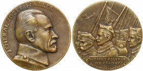 Medal Jenerał Józef Haller 1919 r. (duży) Rzadki medal. Wersja większa (bito je o średnicy 47 i 24 mm). Sygnowany Ant. Madeyski Paryż 1919. Brąz, śred...