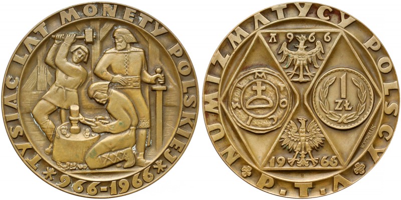 Medal, Tysiąc lat monety polskiej 966-1966 Brąz, średnica 69,5 mm, waga 126,55 g...