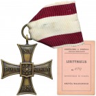 Krzyż Walecznych 1920 - z legitymacją Krzyż Walecznych wykonany na Bliskim Wschodzie w firmie Samuela Kretschmera. Mosiądz. Wymiary: 43,7 x 51,0 mm. O...