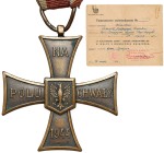 Krzyż Walecznych 1944 Krzyż Walecznych produkowany w latach 1946-1950. Tombak. Wymiary: 43,3 x 47,3 mm. W komplecie zaświadczenie tymczasowe potwierdz...