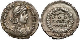 Konstancjusz II (337-361 n.e.) Silikwa, Sirmium Awers: Popiersie cesarza w diademie, zbroi i paludamentum w prawo, w otoku legenda: D N CONSTANTIVS P ...
