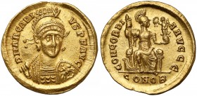 Arkadiusz (383-408 n.e.) Solidus, Konstantynopol Awers: Popiersie cesarza w hełmie ozdobnym i zbroi, trzymający włócznię i tarczę, w otoku legenda:&nb...