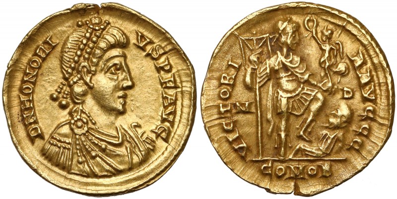 Honoriusz (393-423 n.e.) Solidus, Mediolan Awers: Popiersie cesarza w diademie, ...