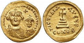 Herakliusz (610-641 n.e.) Solidus, Konstantynopol Awers: Popiersia obu cesarzy w koronach, na wprost, nad nimi krzyż w otoku legenda: ddNN HERACLIϤS E...