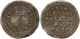 Bizancjum, Michał III Metystes (842-867 n.e.) Miliaresion Konstantynopol Awers: Legenda w 5 wersach:&nbsp; +MIXA/HL PISTOS/MEΓAS bA/SILE×S RO/MAION Re...