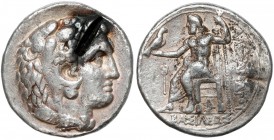 Grecja, Macedonia, Aleksander III Wielki (328-320 p.n.e.) Tetradrachma - Fenicja, Arados Awers: Głowa Heraklesa w skalpie lwa, w prawo. Rewers: Zeus s...
