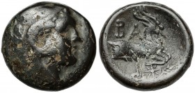 Grecja, Macedonia, Filip V (221-179 p.n.e.) Tetrachalkon Awers: Głowa Heraklesa w skalpie lwa, w prawo. Rewers: Dwie klęczące kozy, ponad nimi litery ...
