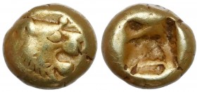 Greece, Lydia, Sardes, Alyattes-Kroisos (610-546 BC), EL Hemihekte Obv. Head of roaring lion right,
 Rev. Incuse square punch. Electrum, 6.9-7.6 mm, ...