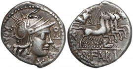 Republika, Q. Fabi Labeo (124 p.n.e.) Denar Awers: Głowa Romy w hełmie, w prawo, przed głową X - oznaczenie wartości oraz LABEO, za głową napis ROMA; ...