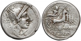 Republika, M. Carbo (122 p.n.e.) Denar Awers: Głowa Romy w hełmie w prawo, za nią gałązka, przed głową X - oznaczenie wartości; wszystko w otoku pereł...