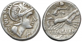 Republika, L. Flamini Cilo (109/108 p.n.e.) Denar Awers: Głowa Romy w hełmie, w prawo, za głową napis ROMA, przed głową X - oznaczenie wartości. Rewer...