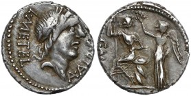 Republika, C. Mall, A. Albinus S.f, L. Metel (90 p.n.e.) Denar Awers: Głowa Apollo w wieńcu laurowym w prawo, z lewej strony napis A ALB S F, z prawej...