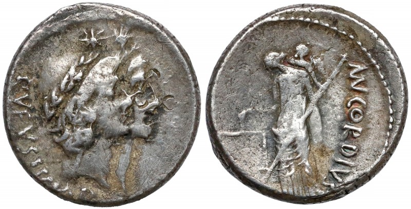 Republika, Mn. Cordius Rufus (46 p.n.e.) Denar Awers: Głowy dioskurów w udekorow...