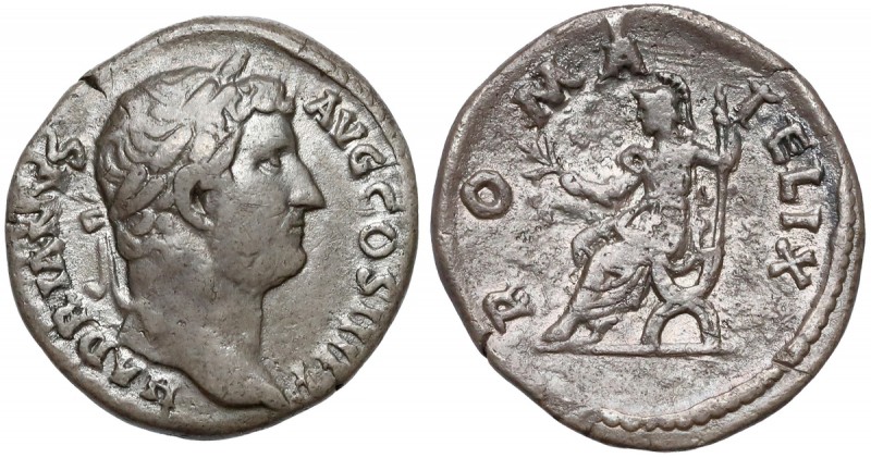 Hadrian (117-138 n.e.) Denar Awers: Głowa cesarza w wieńcu laurowym, w prawo, w ...