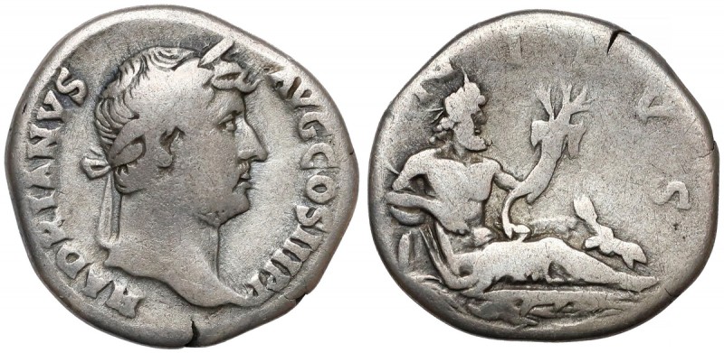 Hadrian (117-138 n.e.) Denar - Seria podróżnicza - Nil Awers: Głowa cesarza w wi...