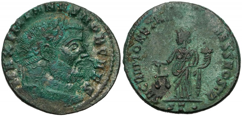 Galeriusz (293-305 n.e.) Follis, Ticinum Awers: Głowa cesarza w wieńcu laurowym,...