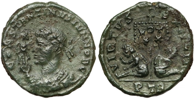 Konstantyn II (337-340 n.e.) Follis, Trier Awers: Popiersie cesarza w wieńcu lau...