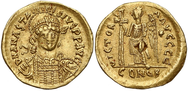 Anastazjusz I (491-518 n.e.) Solidus, Konstantynopol Awers: Popiersie cesarza w ...