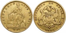 Chile, 2 pesos 1857 So Naturalny, obiegowy egzemplarz, bez defektów. Złoto, średnica 16,7 mm, waga 2,97 g.&nbsp; Reference: Krause KM# 132
Grade: F-V...