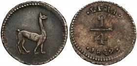 Peru, 1/4 reala 1842 - Lima Reference: Krause KM# 143
Grade: XF 

WORLD COINS - AMERICA