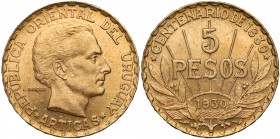 Urugwaj, 5 pesos 1930 Moneta wybita na 100-lecie Republiki. Złoto .917, waga 8,48 g. Reference: Friedberg 6
Grade: XF+ 

WORLD COINS - AMERICA
