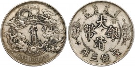 Chiny, Xuantong, Dolar 1911 - rok 3 - rzadkość Bardzo rzadko pojawiająca się na aukcjach moneta. Na rewersie liczne kontrmarki.&nbsp; Reference: Kraus...
