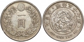Japonia, Meiji, Yen rok 37 (1904) Wyraźnie zadrapana na awersie.
Reference: Krause Y# A25.3
Grade: F-VF 

WORLD COINS - ASIA