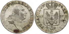 Preussen, Friedrich Wilhelm II., 4 Groschen 1797-A, Berlin
Prusy, Fryderyk Wilhelm II, 4 grosze 1797-A, Berlin Reference: Schrötter 81
Grade: XF 
...