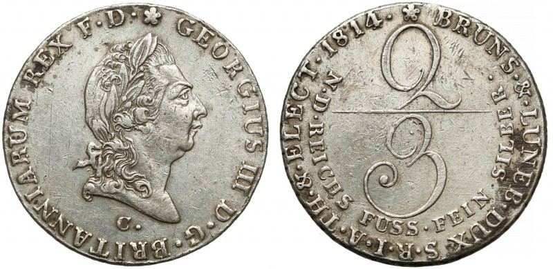 Hannover, George III (1760-1820), 2/3 Taler (Gulden) 1814 Srebro, średnica 31,1 ...