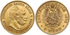 Deutschland, Preussen, 5 Mark 1878 A
Prusy, 5 marek 1878 A Złoto (Au.900), średnica 17,0 mm, waga 1,98 g 
Reference: Jaeger 244
Grade: XF 

WORLD...