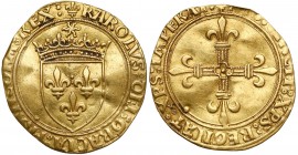 Francja, Karol VIII (1483-1498), Ecu d'or au soleil Emisja druga (lipiec 1494). 
 Mennica Paryż (kropka pod 18 literą).
 Złoto, średnica 25-26.5 mm,...