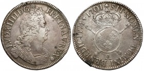 Francja, Ludwik XIV, Ecu 1701 A - Paryż Srebro, średnica 42,3 mm, waga 26,93 g.&nbsp; 
Grade: VF 

WORLD COINS - EUROPE France / Frankreich
